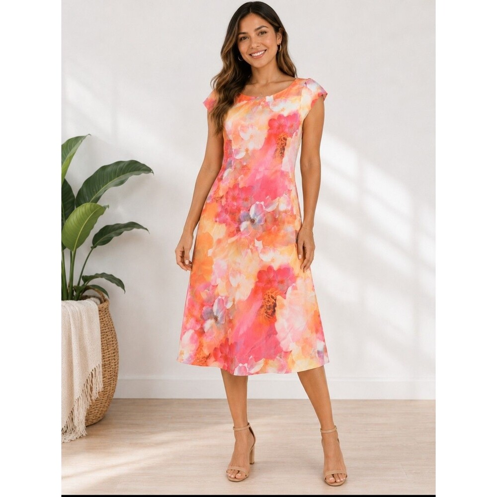 Liz Claiborne Women's Multicolored A-line Short Sleeve Round Neck Lined Dress 14